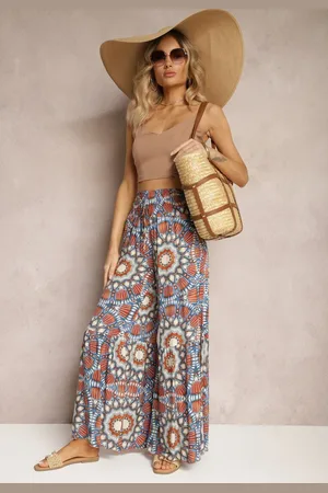 Renee Niebiesko-Pomarańczowe Spodnie Typu Palazzo z Wiskozy High Waist z Gumką w Pasie Bistalia