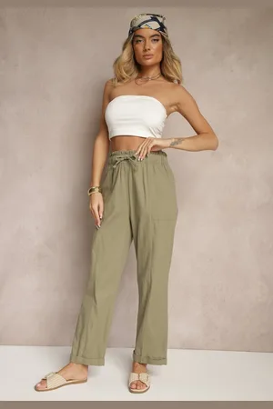 Renee Ciemnozielone Spodnie z Bawełny High Waist z Wiązaniem Tyswia