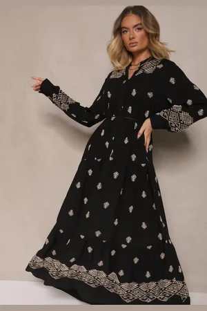 Renee Czarna Rozkloszowana Sukienka Ozdobiona Haftem i Wzorem Boho Ronavere