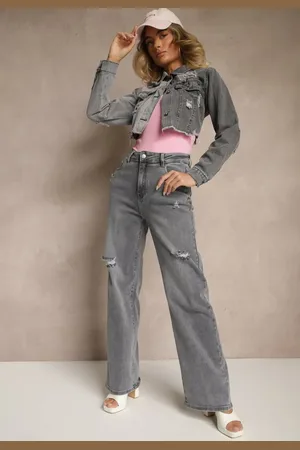 Renee Szare Jeansy High Waist z Szeroką Nogawką Zdobione Przetarciami Liozina