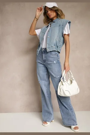 Renee Niebieskie Jeansy High Waist z Szeroką Nogawką Zdobione Przetarciami Napinea