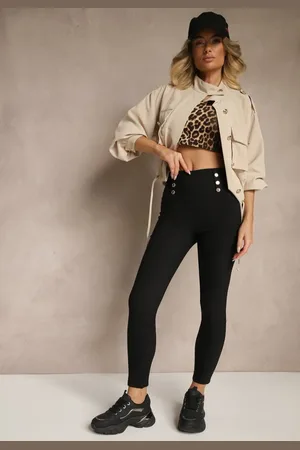 Renee Czarne Legginsy High Waist z Ozdobnymi Guzikami Kolowenia