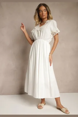Renee Biała Bawełniana Sukienka w Stylu Boho z Kieszonkami Orrane