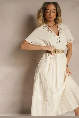 Renee Beżowa Bawełniana Sukienka w Stylu Boho z Kieszonkami Orrane