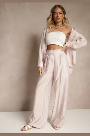 Renee Jasnoróżowe Spodnie Palazzo High Waist z Szeroką Nogawką i Gumką w Talii Jenarielis