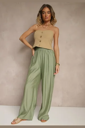 Renee Zielone Spodnie Palazzo High Waist z Szeroką Nogawką i Gumką w Talii Jenarielis