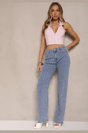 Renee Niebieskie Jeansy z Bawełny High Waist o Szerokim Kroju w Romby Tuvielle
