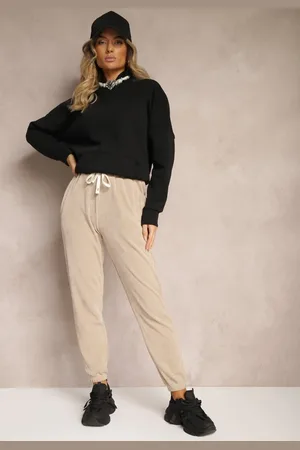 Renee Ciemnobeżowe Dresowe Spodnie z Bawełną High Waist Wykończone w Pasie Gumką Ekadela