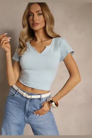Renee Jasnoniebieski T-shirt z Bawełny z Dekoltem w Serek Ulimisea