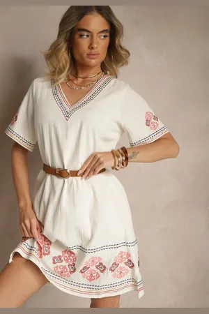 Renee Czerwona Pudełkowa Sukienka z Bawełny w Hafty w Stylu Boho Felkio