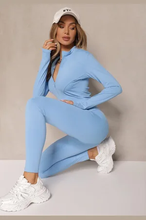 Renee Jasnoniebieski Komplet Sportowy Legginsy i Bluza z Wycięciem na Kciuk Redarose