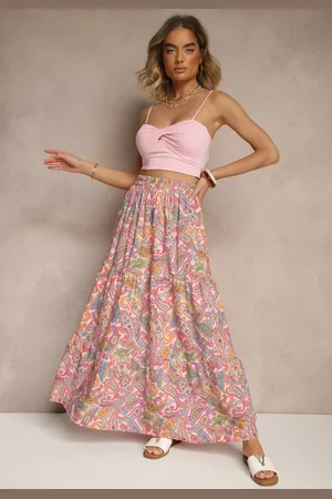 Renee Różowa Spódnica Rozkloszowana High Waist z Motywem Paisley Nevolissa