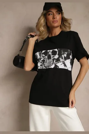 Renee Czarna Bawełniana Koszulka T-shirt z Nadrukiem Czaszki Lanavira