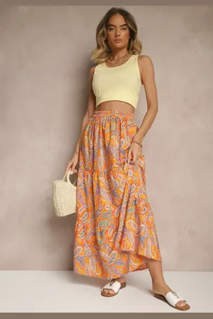 Renee Pomarańczowa Spódnica Rozkloszowana High Waist z Motywem Paisley Nevolissa