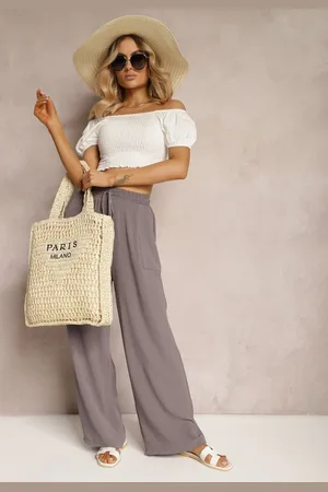 Renee Szare Spodnie High Waist ze Sznurkiem w Talii i Prostą Nogawką Raveann