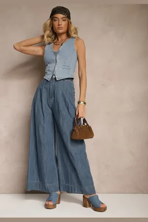 Renee Granatowe Szerokie Jeansy z Bawełny High Waist Cohna