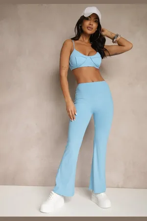 Renee Niebieskie Spodnie Dzwony Legginsy High Waist Onellin