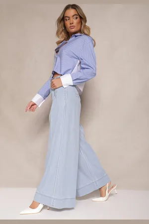 Renee Jasnoniebieskie Szerokie Jeansy z Bawełny High Waist Cohna