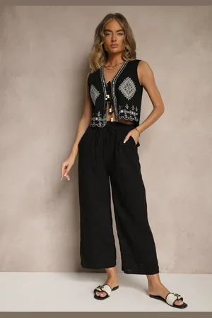 Renee Czarne Spodnie High Waist z Bawełnianej Tkaniny Zdobionej Haftem Mevirona