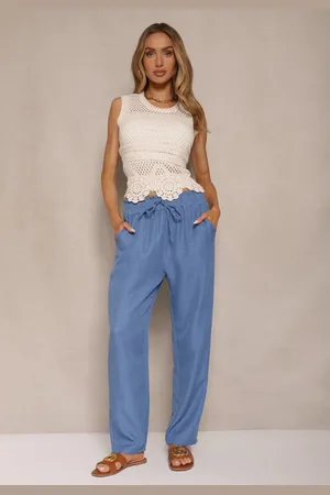 Renee Niebieskie Spodnie High Waist ze Ściągaczem w Talii i Prostą Nogawką Savonne