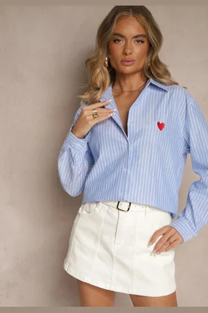 Renee Jasnoniebieska Prążkowana Koszula Oversize Zdobiona Haftem w Kształcie Serca Taleniela