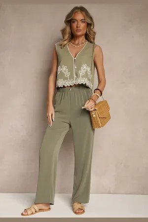 Renee Zielone Wiskozowe Spodnie High Waist o Prostym Fasonie Saliella