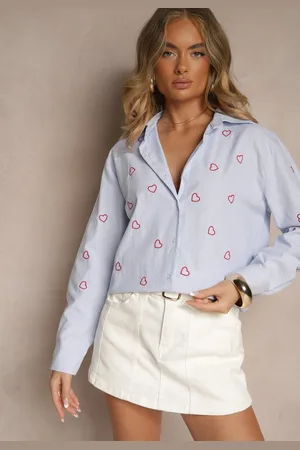 Renee Niebiesko-Czerwona Koszula Oversize w Prążki Zdobiona Haftem w Serca Nitavela
