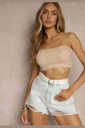 Renee Ciemnobeżowy Koronkowy Top Bandeau o Dopasowanym Kroju Pasiella