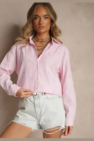 Renee Różowa Koszula Oversize w Prążki Zdobiona Haftem w Serca Nitavela