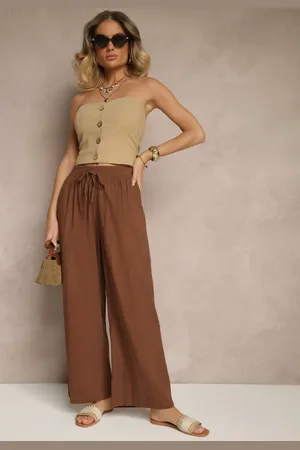 Renee Brązowe Spodnie High Waist Szerokie z Bawełny Wiązane w Pasie z Gumką w Talii Yaslio