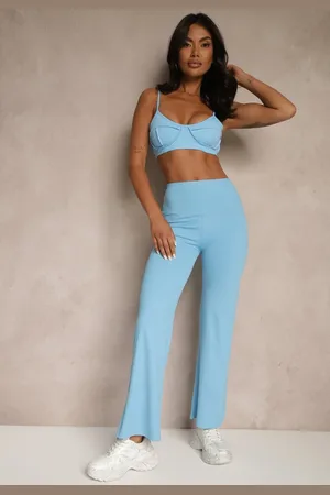 Renee Niebieskie Legginsy High Waist z Szeroką Gumką w Pasie Idalania