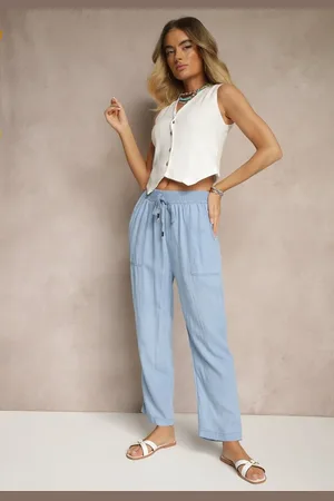 Renee Niebieskie Spodnie z Bawełną High Waist Ozdobione Wiązaniem Calwia