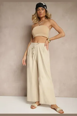 Renee Beżowe Spodnie High Waist Szerokie z Bawełny Wiązane w Pasie z Gumką w Talii Yaslio