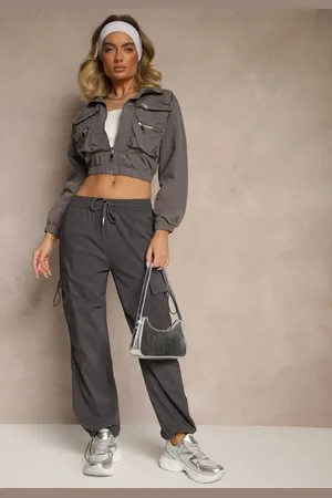Renee Szare Spodnie z Bawełną Typu Cargo High Waist Puvoria
