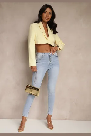 Renee Jasnoniebieskie Jeansy Skinny z Bawełną High Waist Ozdobione Guzikami Felariel