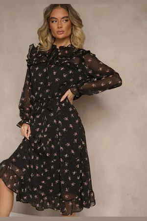 Renee Czarna Rozkloszowana Sukienka w Kwiatowy Print z Wiązaniem w Talii i Pod Dekoltem Ronflara