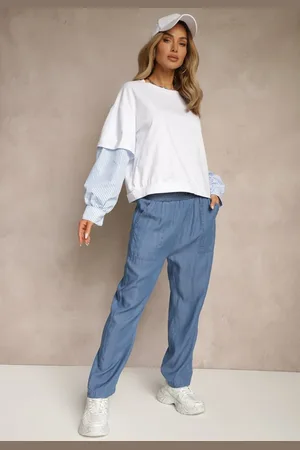 Renee Granatowe Spodnie z Bawełną High Waist Ozdobione Wiązaniem Calwia