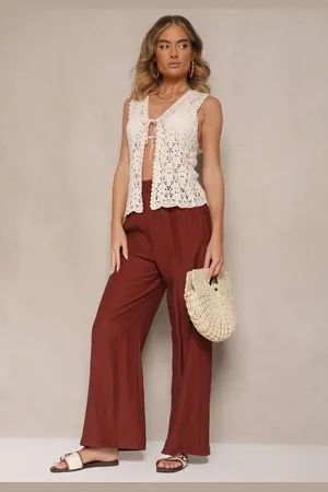 Renee Bordowe Wiskozowe Spodnie Palazzo High Waist z Lnem Linaselia