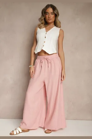 Renee Różowe Szerokie Spodnie High Waist Ozdobione Wiązaniem Telonia