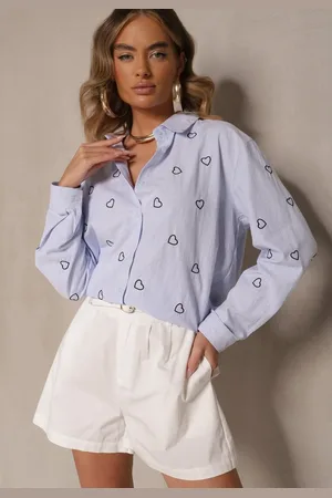 Renee Niebiesko-Granatowa Koszula Oversize w Prążki Zdobiona Haftem w Serca Nitavela