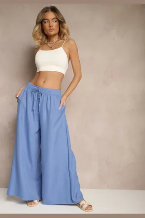 Renee Niebieskie Szerokie Spodnie High Waist Ozdobione Wiązaniem Telonia