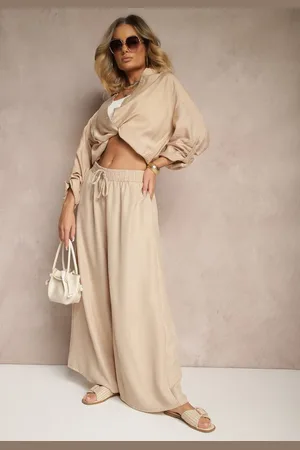 Renee Beżowe Szerokie Spodnie High Waist Ozdobione Wiązaniem Telonia