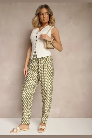 Renee Zielone Spodnie o Szerokim Kroju High Waist w Romby Sarriza