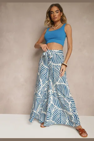 Renee Niebieskie Spodnie o Szerokim Kroju High Waist w Liście Tenoralia