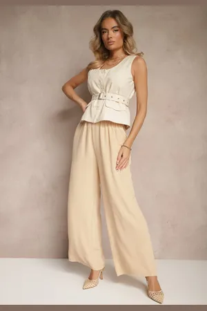 Renee Beżowe Szerokie Spodnie Typu Palazzo High Waist Araneira