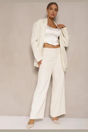 Renee Jasnobeżowe Garniturowe Szerokie Spodnie High Waist Karmoi