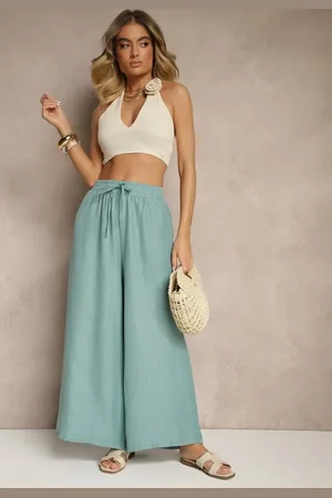 Renee Miętowe Szerokie Spodnie High Waist Ozdobione Wiązaniem Telonia
