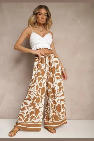 Renee Brązowe Spodnie o Szerokim Kroju High Waist w Kwiaty Nelrive