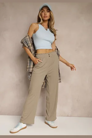 Renee Ciemnobeżowe Spodnie High Waist o Fasonie Paper Bag z Gumką w Talii Lunalitia