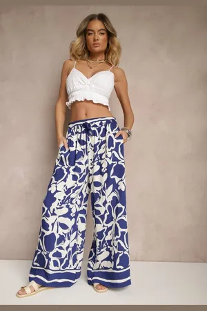 Renee Niebieskie Spodnie o Szerokim Kroju High Waist w Kwiaty Nelrive
